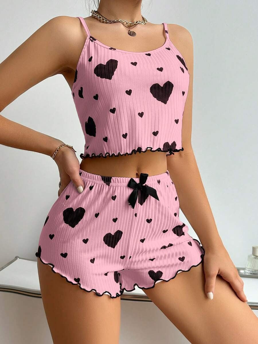 Pijama Corto de Verano para Mujer – Top y Short con Estampado de Corazones