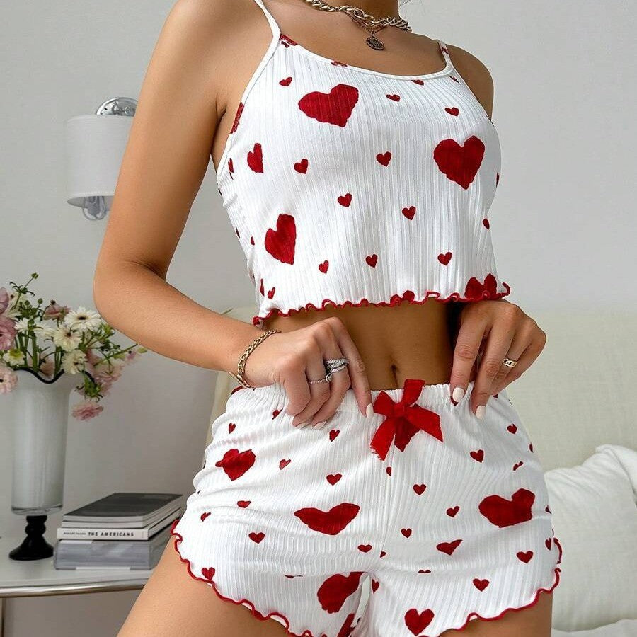 Pijama Corto de Verano para Mujer – Top y Short con Estampado de Corazones