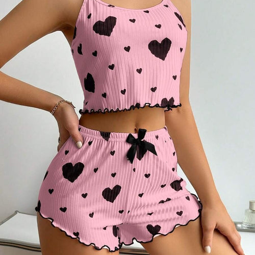 Pijama Corto de Verano para Mujer – Top y Short con Estampado de Corazones