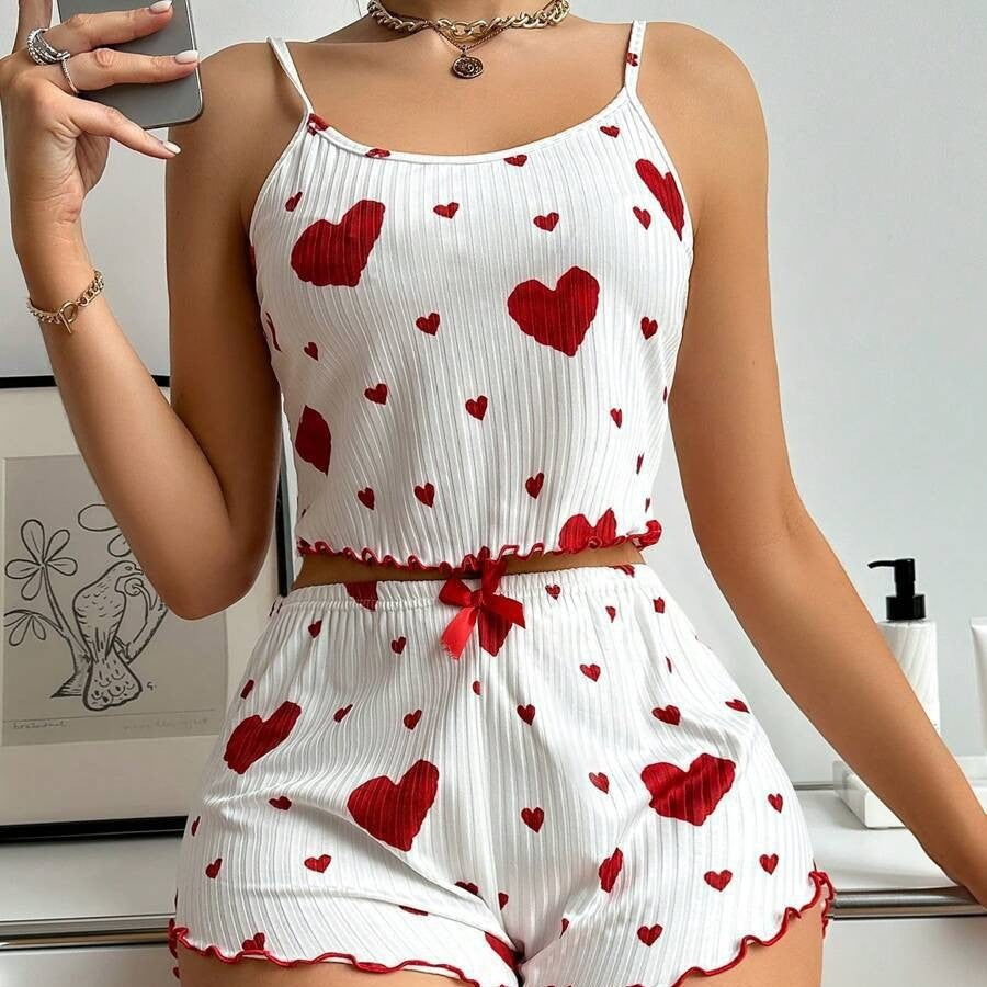 Pijama Corto de Verano para Mujer – Top y Short con Estampado de Corazones